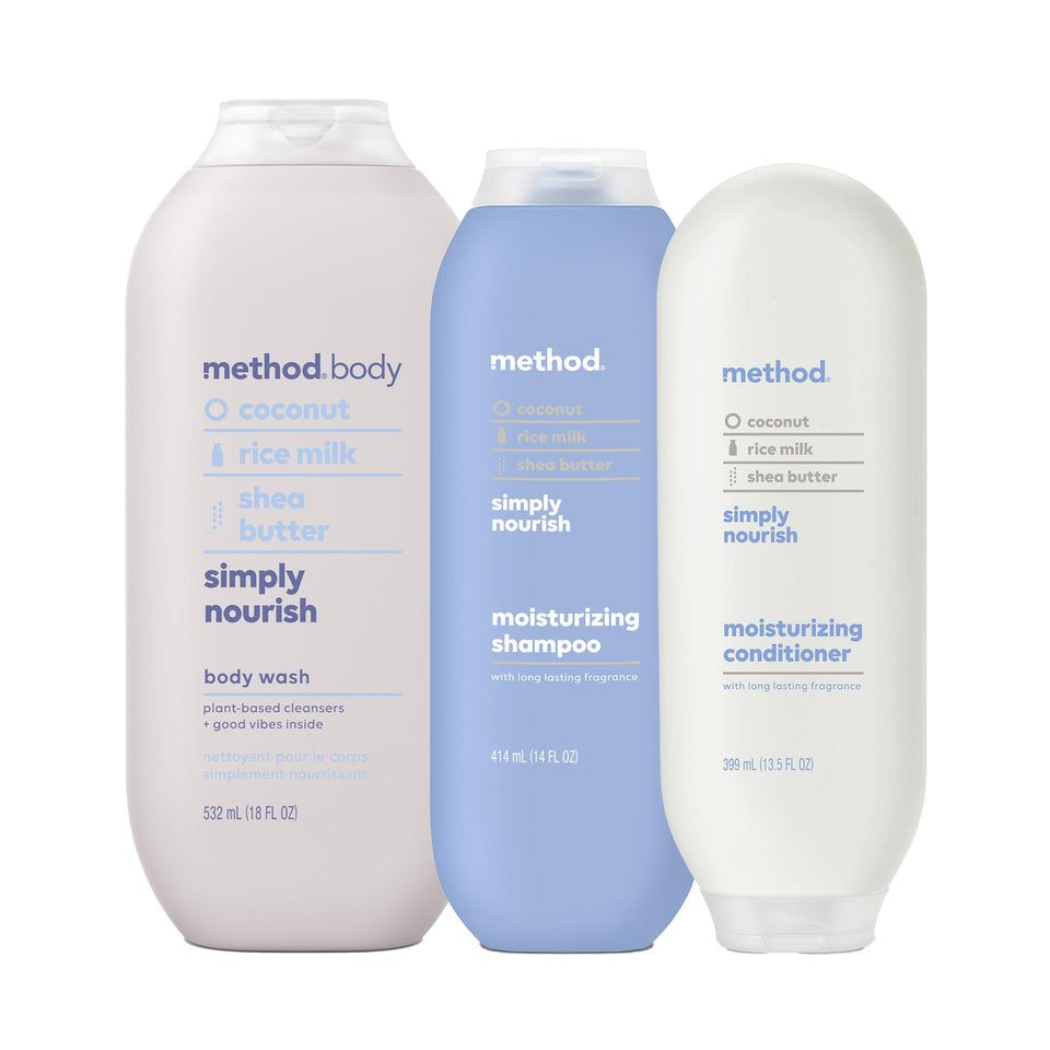 Method front packaging gift set showing three bottles and neat presentation benefit