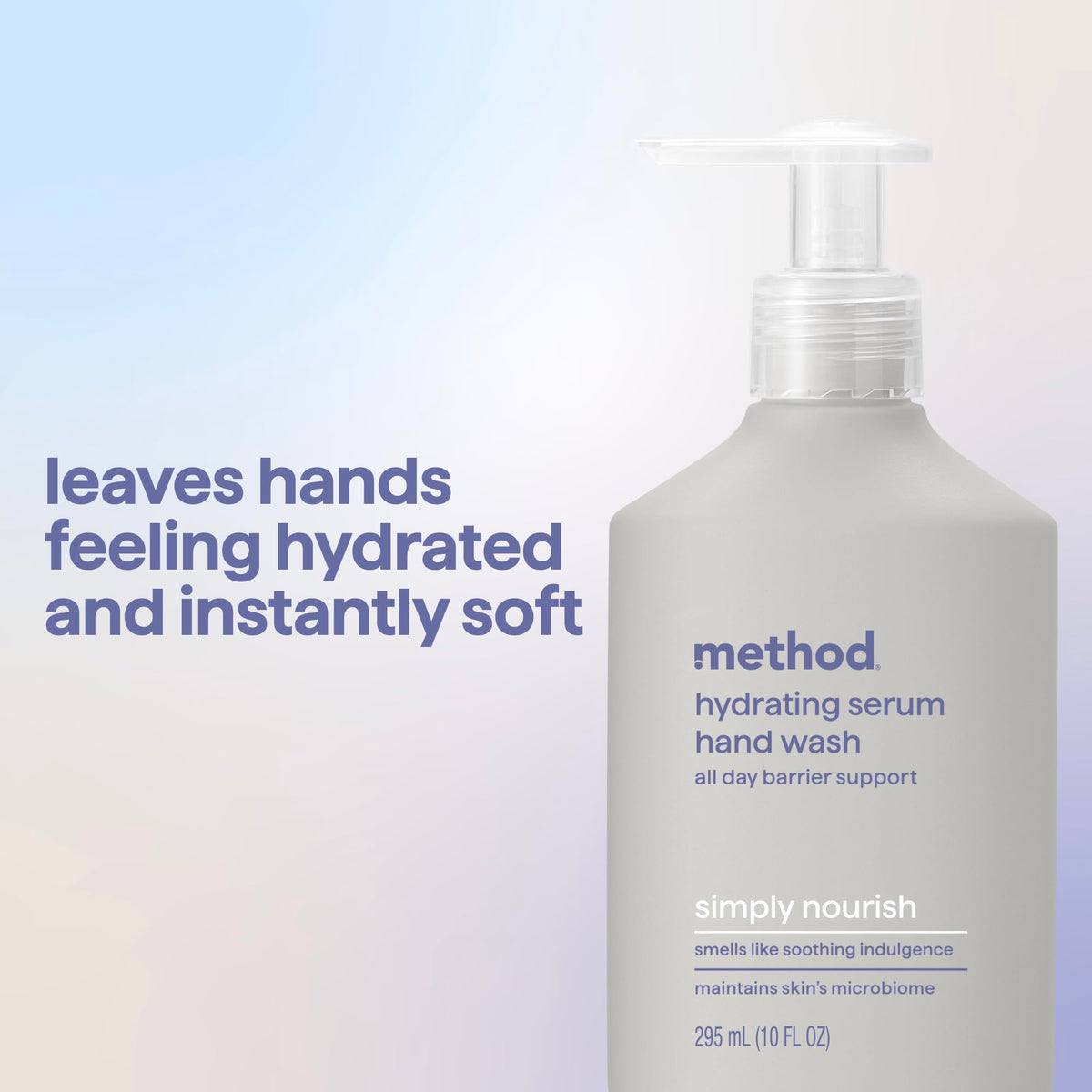 Method ingredients label showing jojoba esters, glycerin, and allantoin for skin support