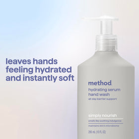 Method ingredients label showing jojoba esters, glycerin, and allantoin for skin support