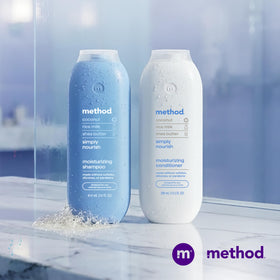 Method bottle styled in bathroom to suggest everyday routine benefit
