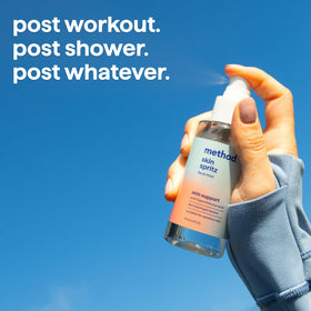 Method Skin Spritz travel-size flatlay with toiletries showing on-the-go practicality