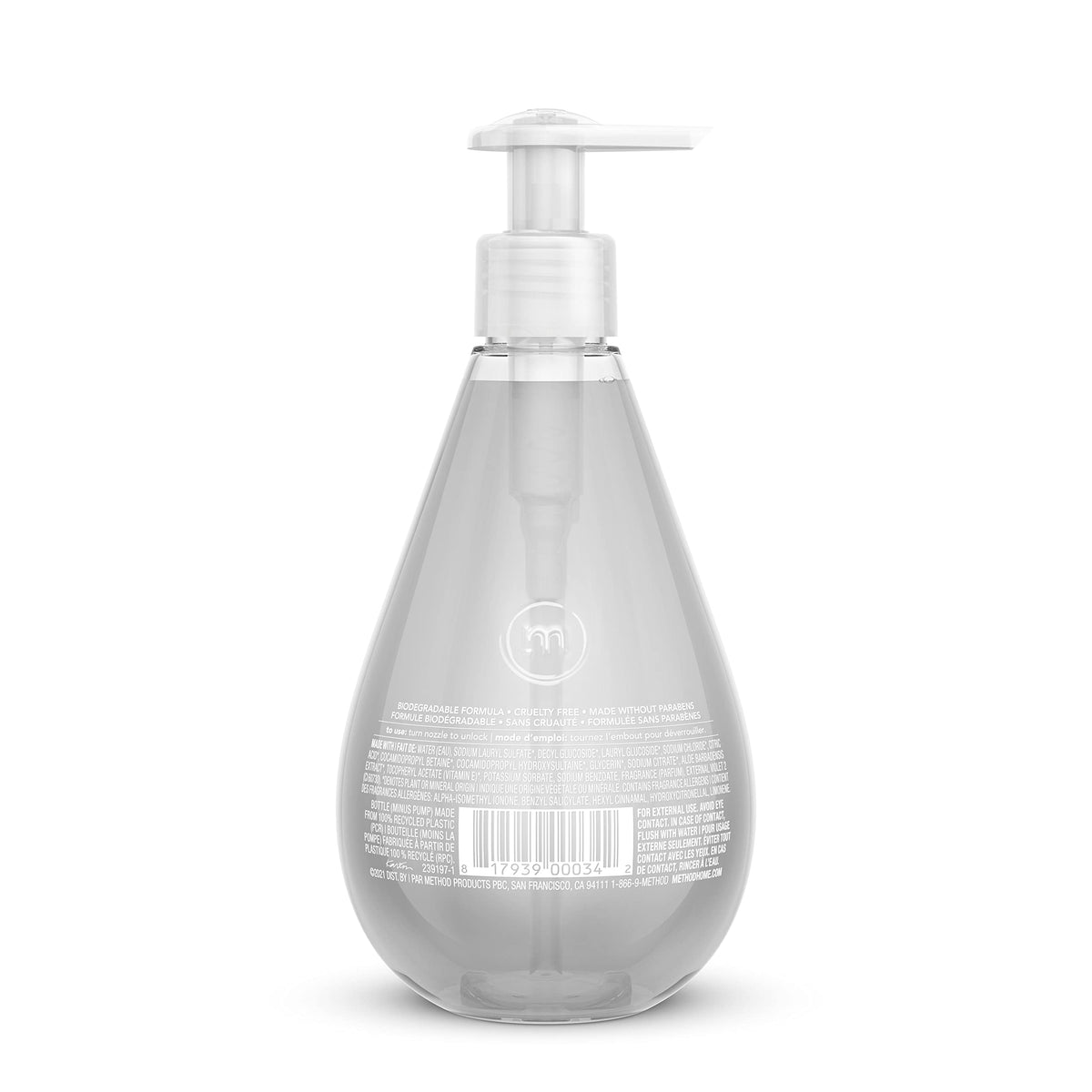Close-up of Method gel texture and label highlighting plant-based formula