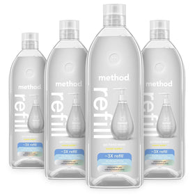 Method Sweet Water front packaging showing 34 oz recyclable refill bottle and branding benefits