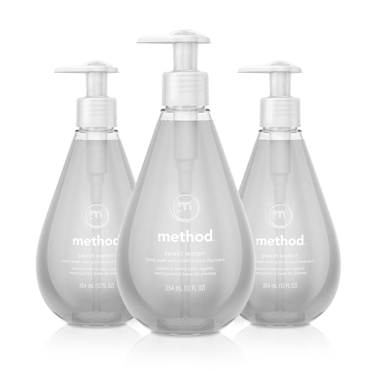 Method Sweet Water front packaging showing three 12 fl oz bottles and benefits