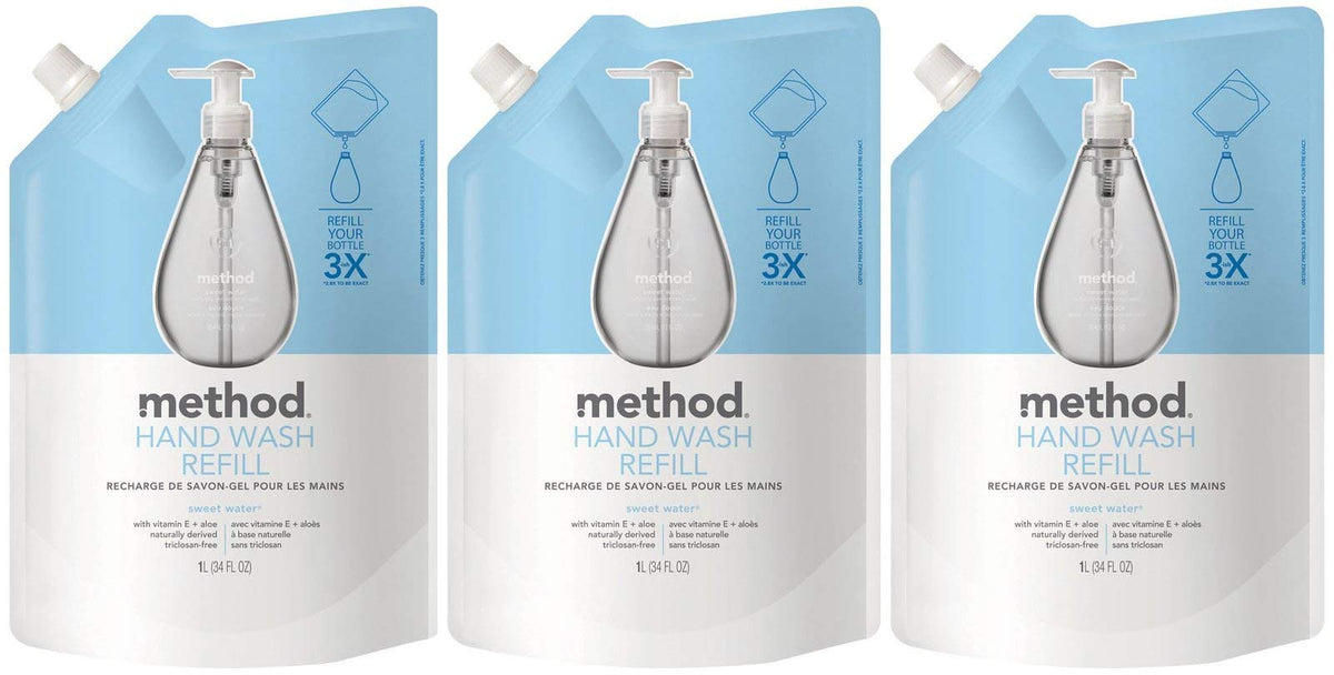 Method Sweet Water front packaging showing three refill pouches and scent benefit