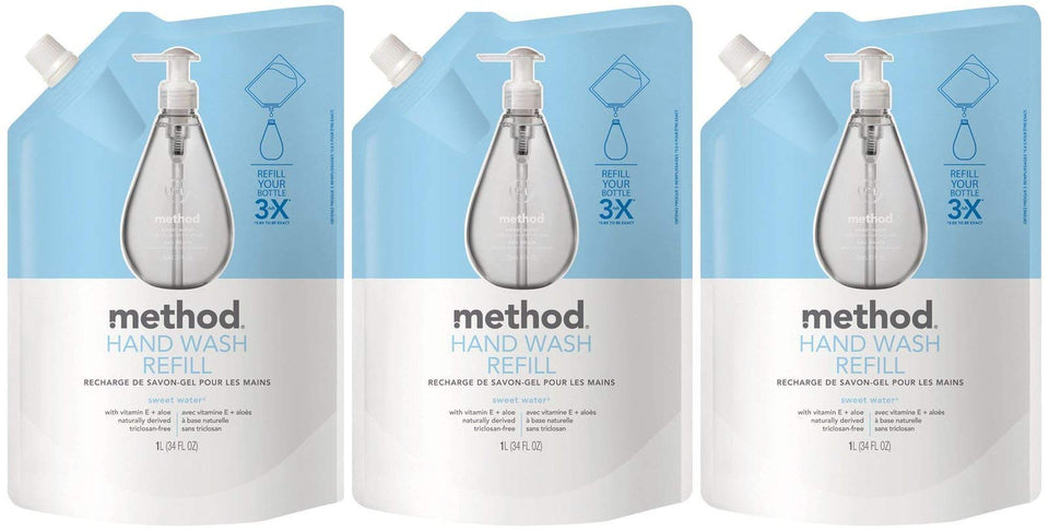 Method Sweet Water front packaging showing three refill pouches and scent benefit