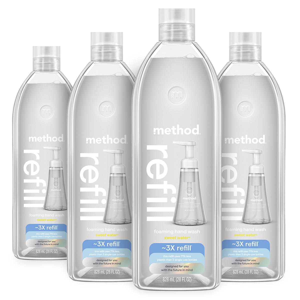 Method sweet water front packaging showing four 28 oz refills and eco-friendly design