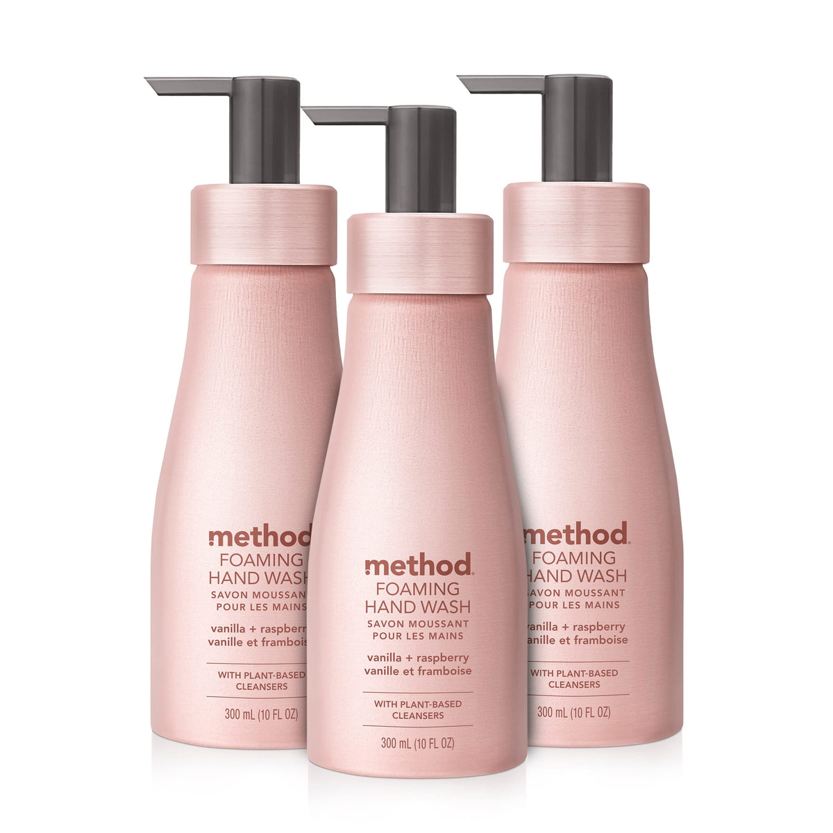 Method front view of three pink bottles showing elegant packaging and refill benefit