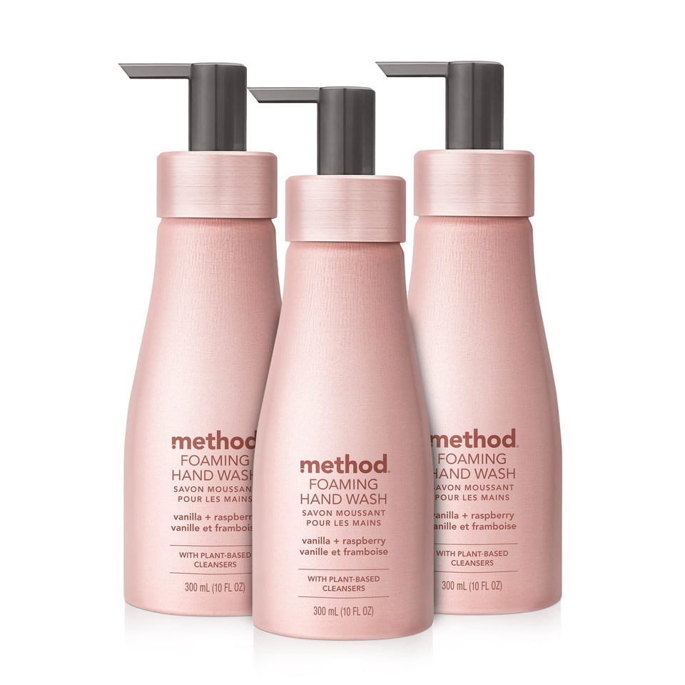 Method front view of three pink bottles showing elegant packaging and refill benefit