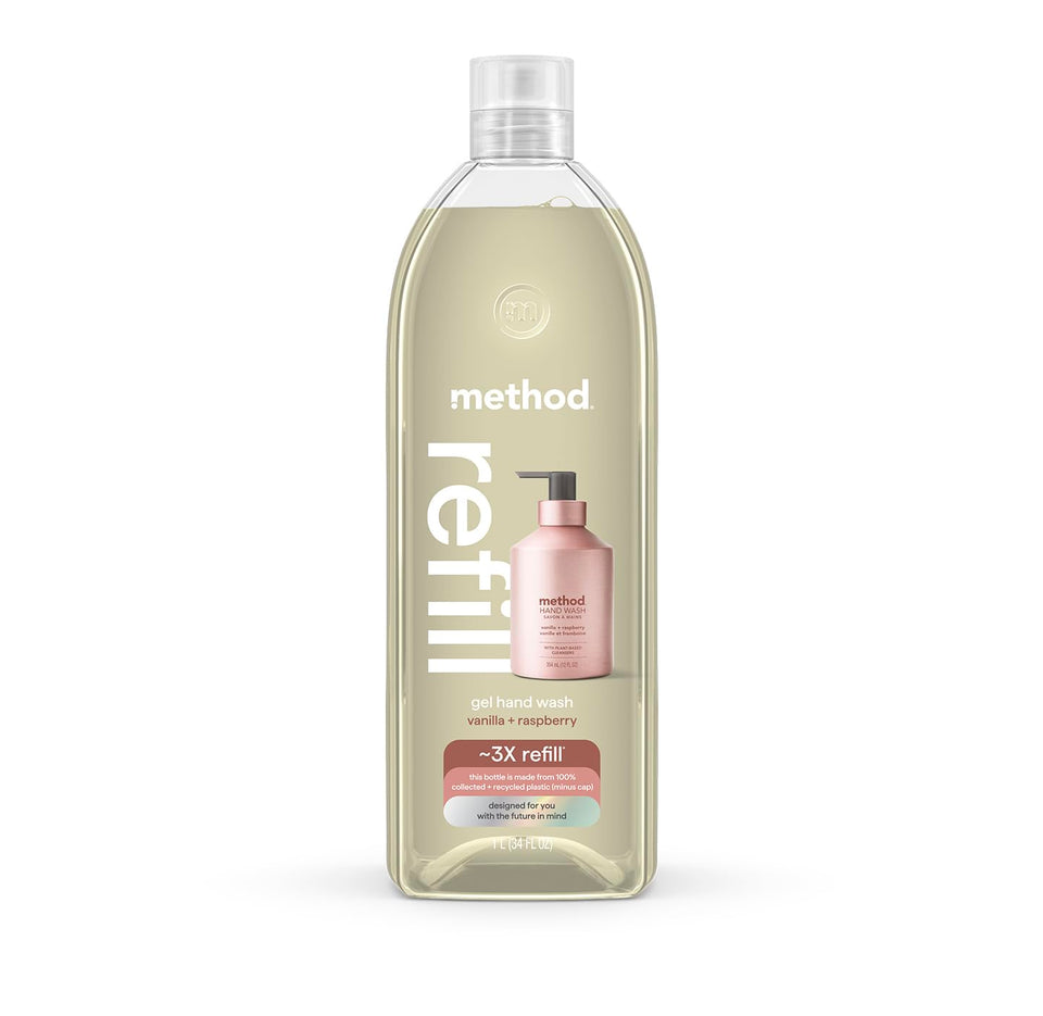 Method vanilla + raspberry front tub showing label and 34 fl oz capacity for easy refills