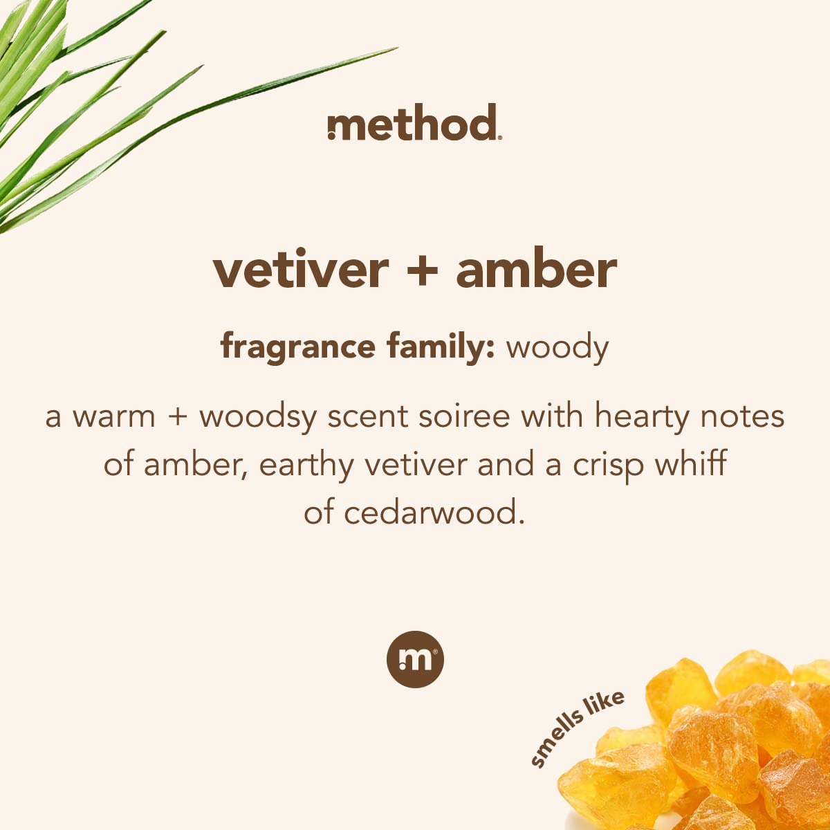 Method vetiver + amber bottle held in hand showing size and easy-pump use benefit