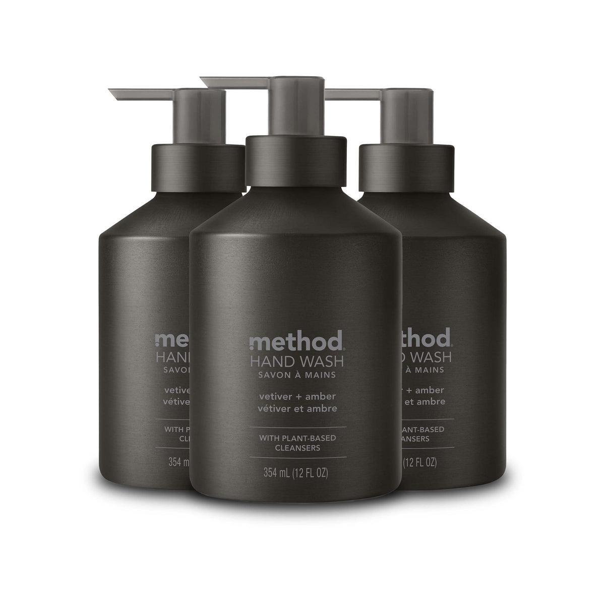 Method vetiver + amber black bottle trio showing sleek finish and refillable design
