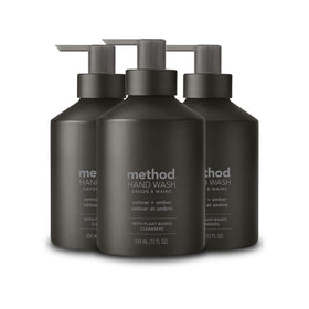 Method vetiver + amber black bottle trio showing sleek finish and refillable design