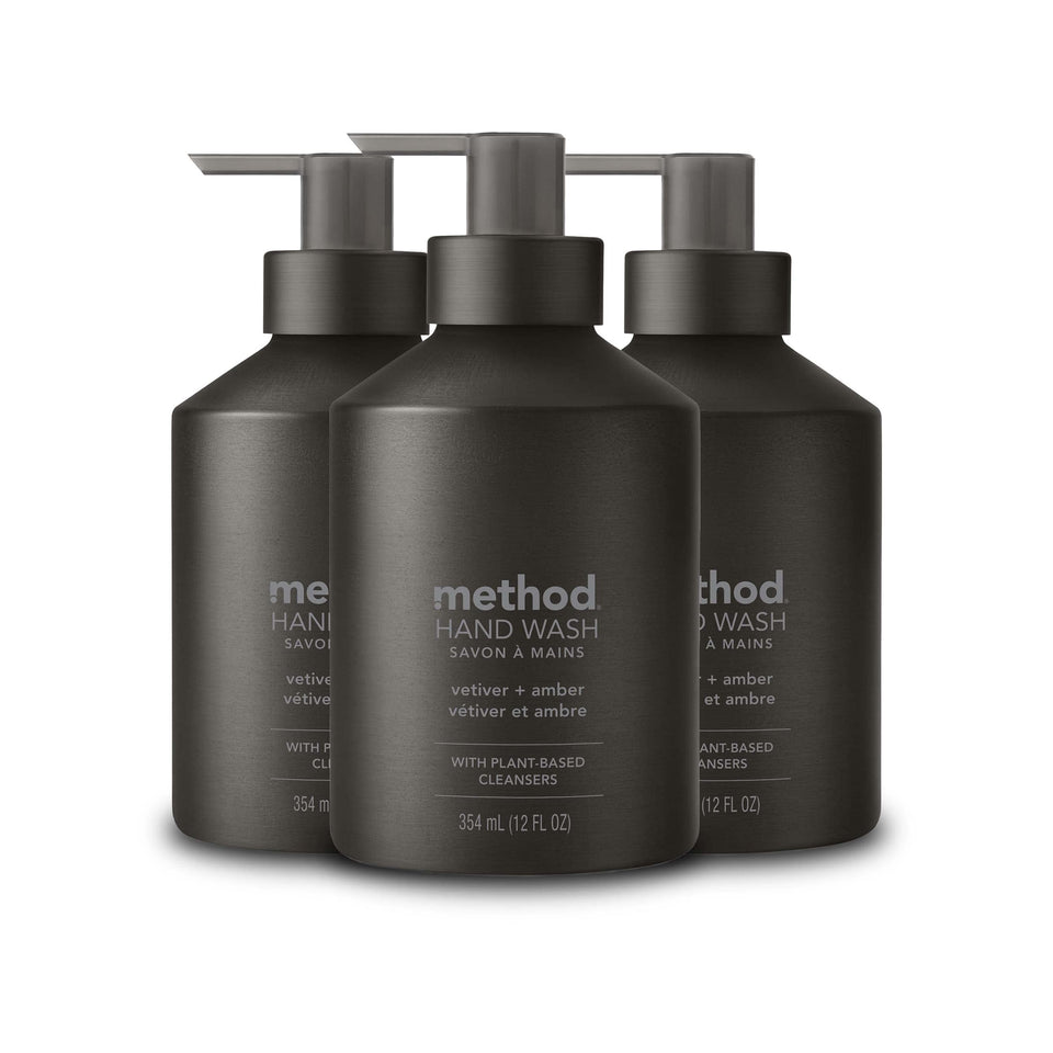 Method vetiver + amber black bottle trio showing sleek finish and refillable design