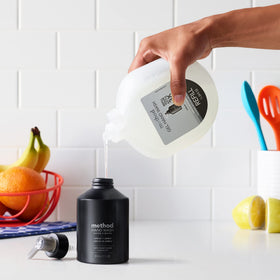 Method vetiver + amber bottle on kitchen sink portraying stylish refillable soap benefit