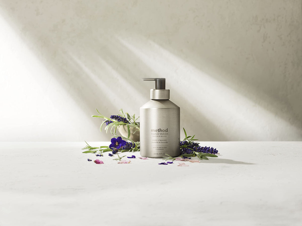 Method bottles arranged on sink in bathroom showing countertop style and decor uplift