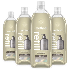 Method front packaging showing scent and easy refill, promotes sustainability