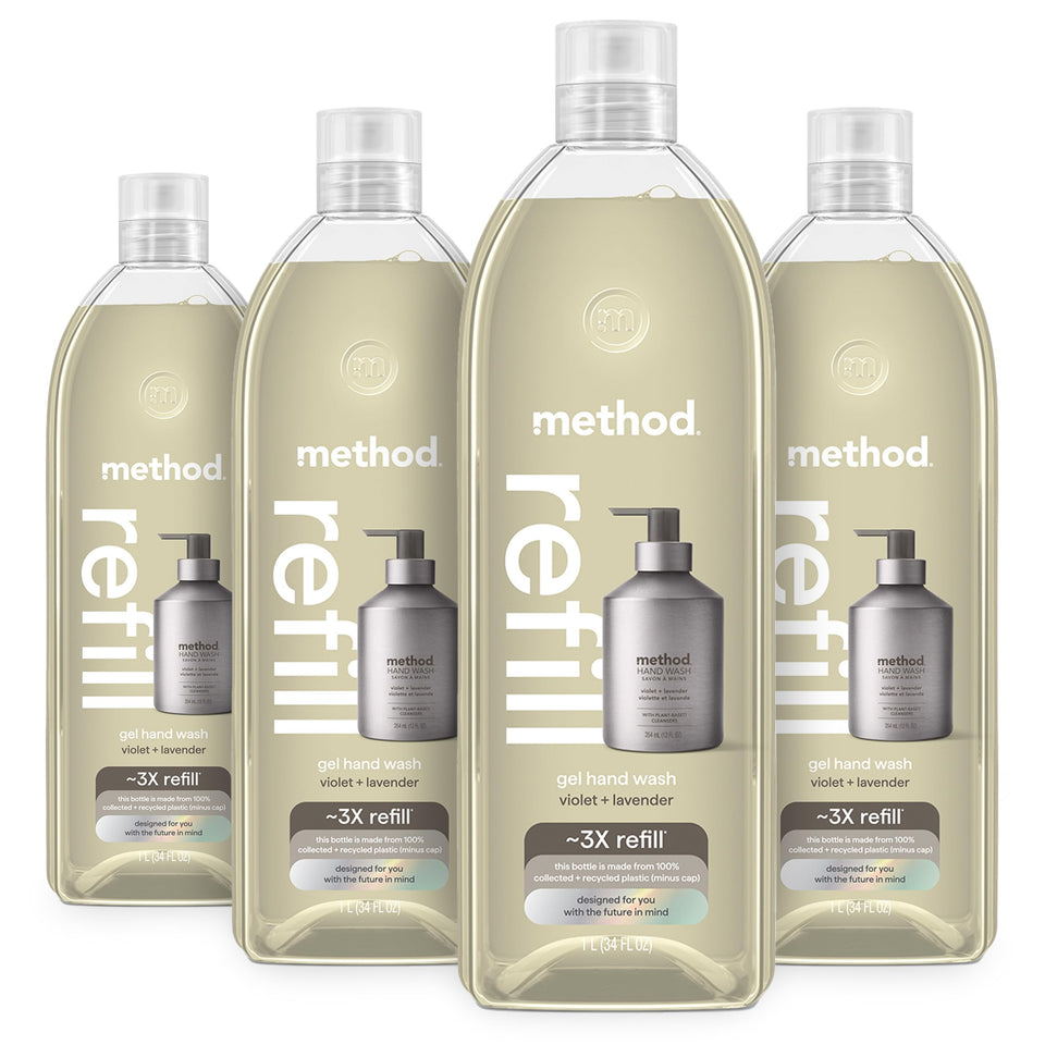 Method front packaging showing scent and easy refill, promotes sustainability