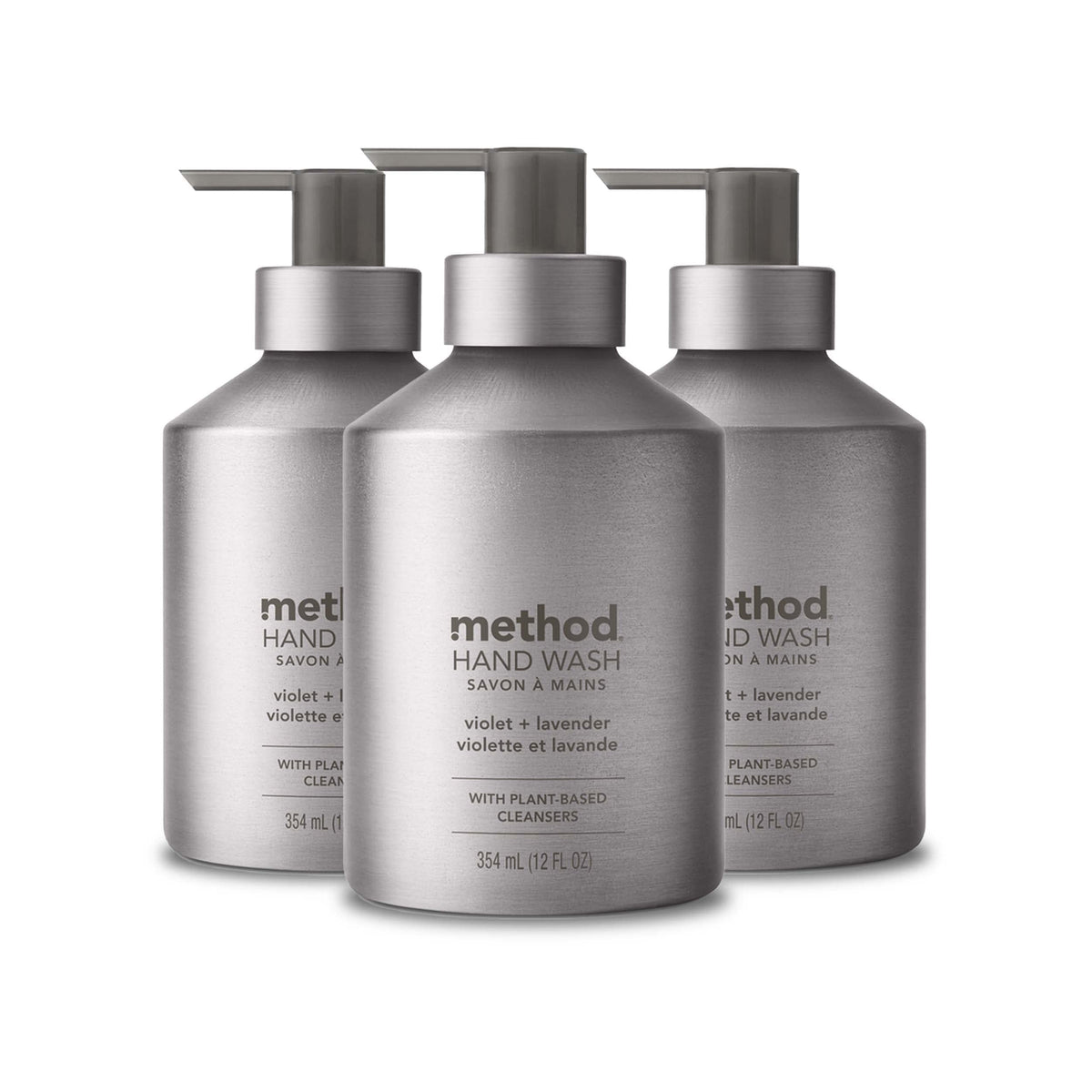 Method bottle front packaging showing silver bottle and floral label, stylish storage benefit