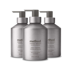 Method bottle front packaging showing silver bottle and floral label, stylish storage benefit
