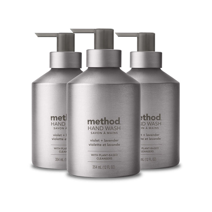 Method bottle front packaging showing silver bottle and floral label, stylish storage benefit