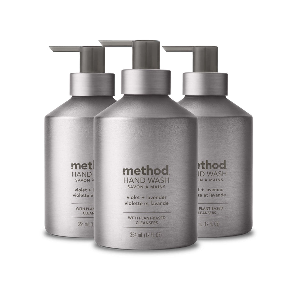 Method bottle front packaging showing silver bottle and floral label, stylish storage benefit