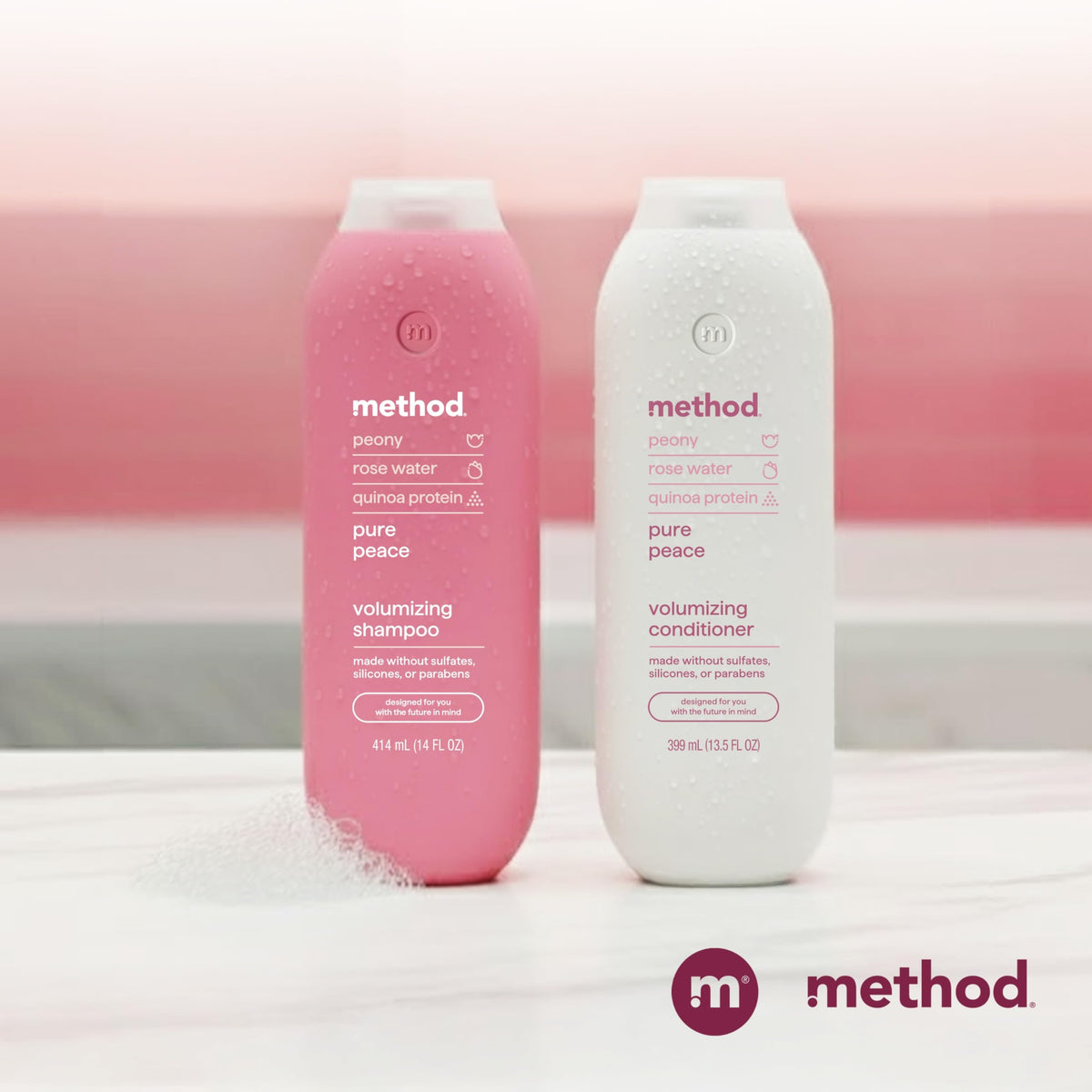 Method product styled on bathroom shelf suggesting serene routine benefit