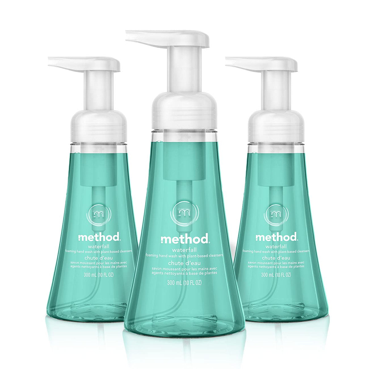 Method Waterfall front packaging shows three bottles, clear labeling and recycled plastic benefit