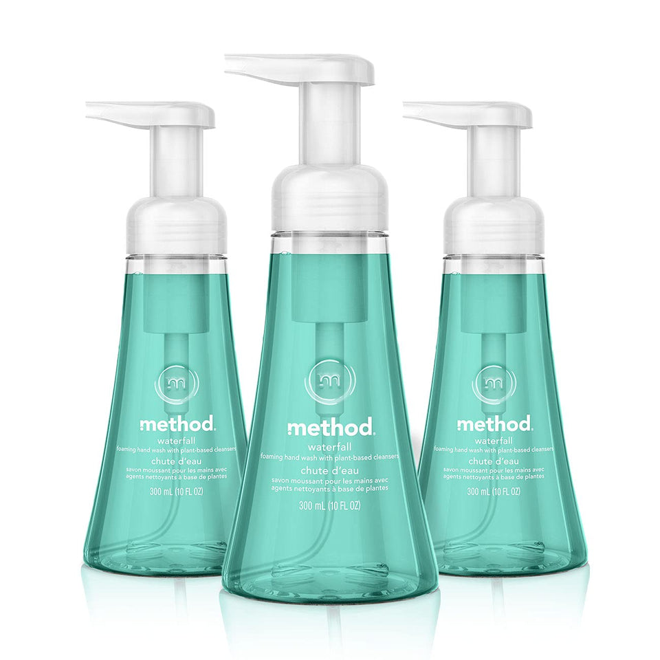 Method Waterfall front packaging shows three bottles, clear labeling and recycled plastic benefit