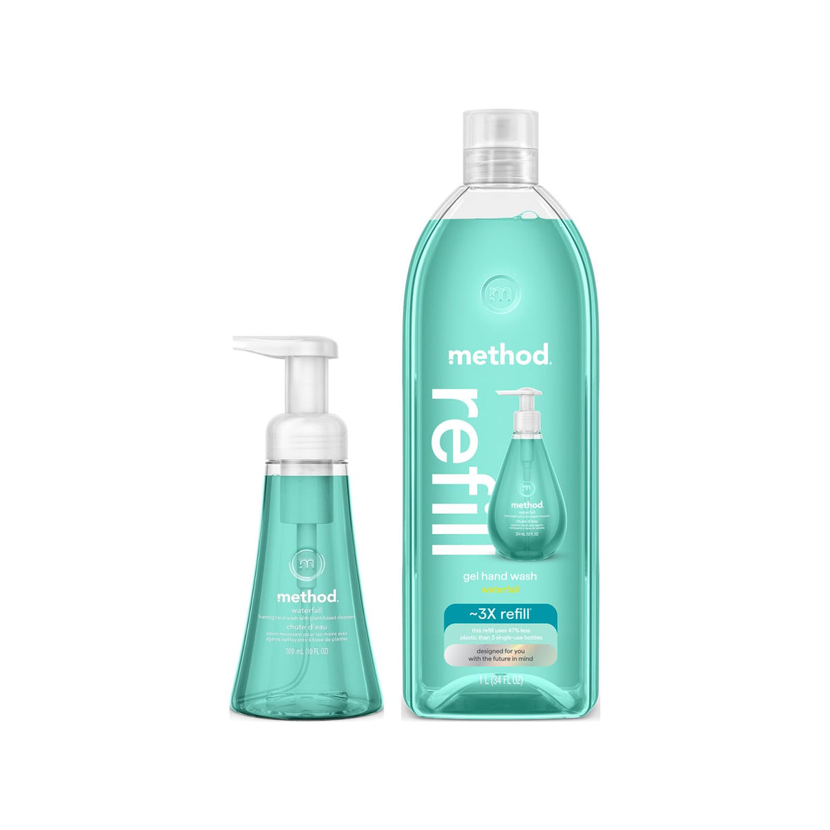Method front bottle view showing Waterfall scent and easy-pump dispensing benefit