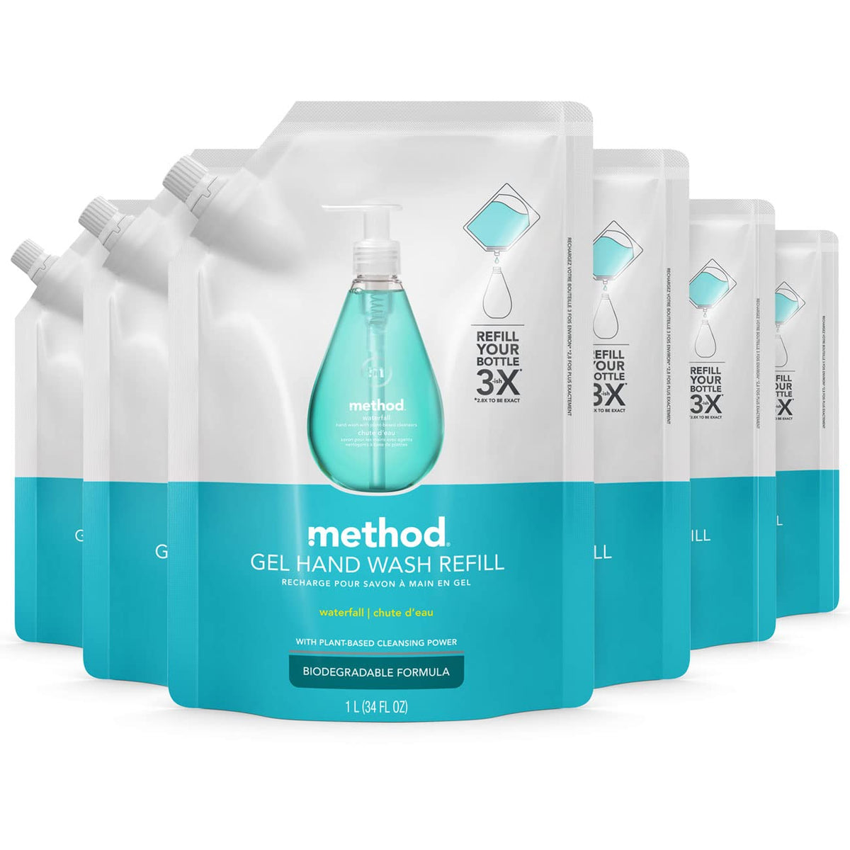 Method Waterfall refill front packaging showing six pouches and eco benefit