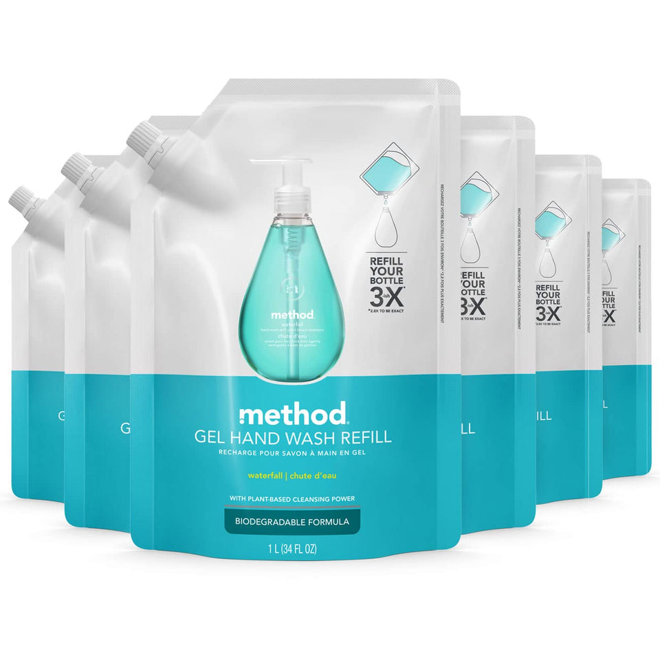 Method Waterfall refill front packaging showing six pouches and eco benefit