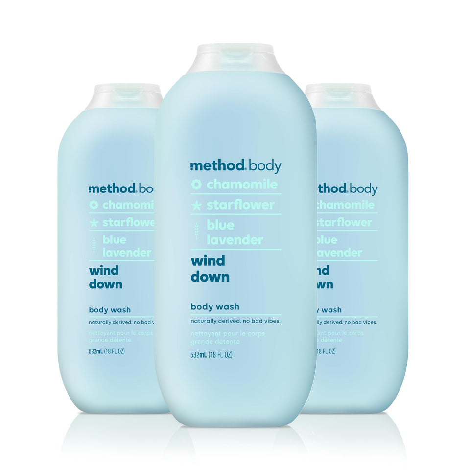 Method Wind Down front packaging three-bottle pack showing label and scent benefits