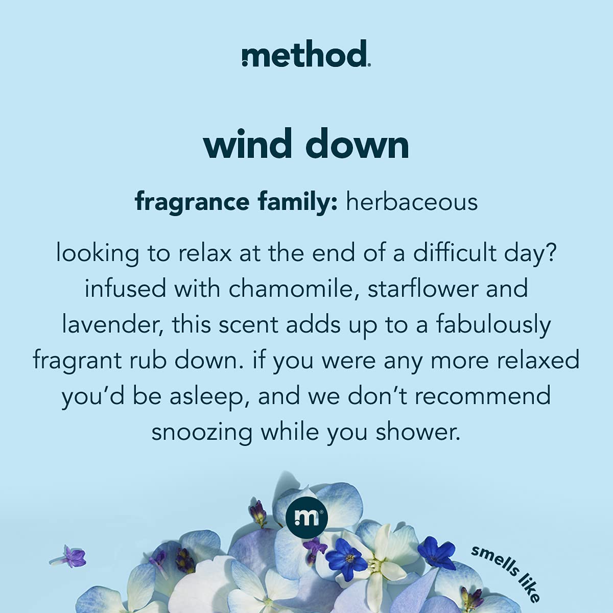 Method Wind Down pump close-up showing bottle texture and easy dispensing benefit