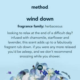Method Wind Down pump close-up showing bottle texture and easy dispensing benefit
