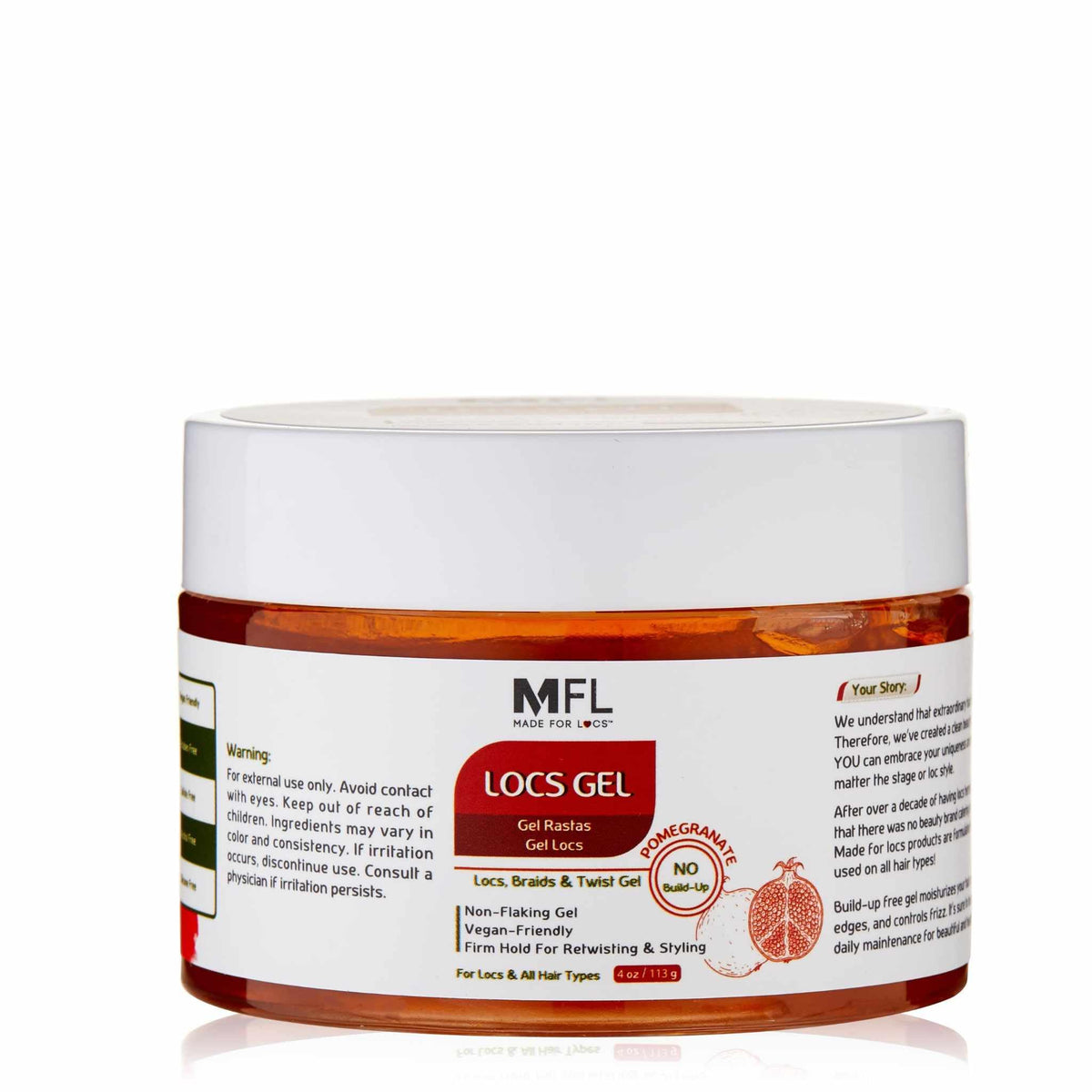 MFL MADE FOR LOCS front jar pomegranate scent showing clean packaging and firm hold benefit