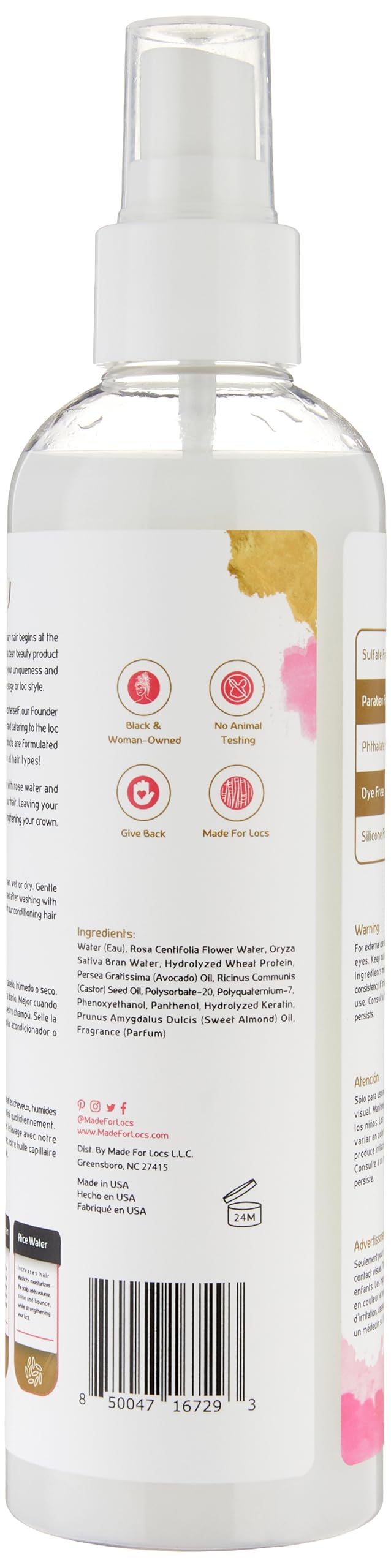 MFL MADE FOR LOCS close-up of rose water and rice water ingredients, shows gentle strengthening