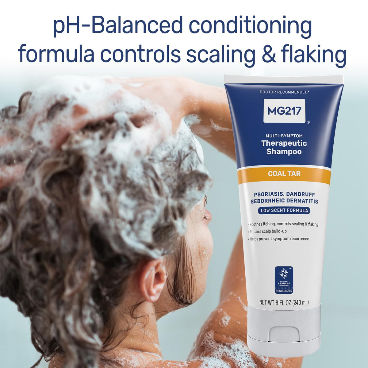 Person massaging MG217 into scalp showing practical application and itch control