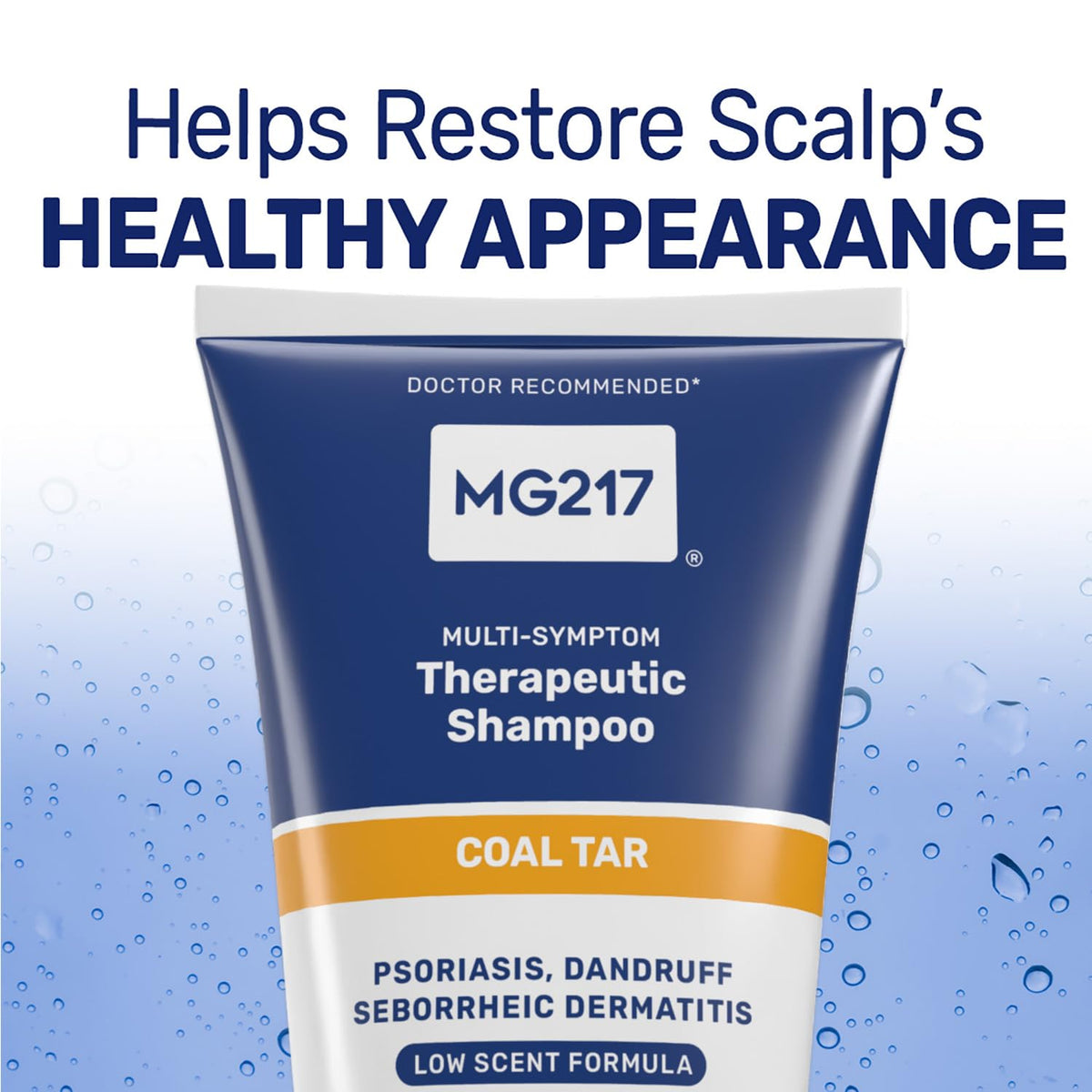 MG217 label close-up highlighting 0.5% coal tar and ingredient clarity benefit