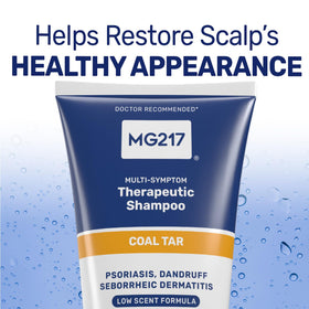 MG217 label close-up highlighting 0.5% coal tar and ingredient clarity benefit