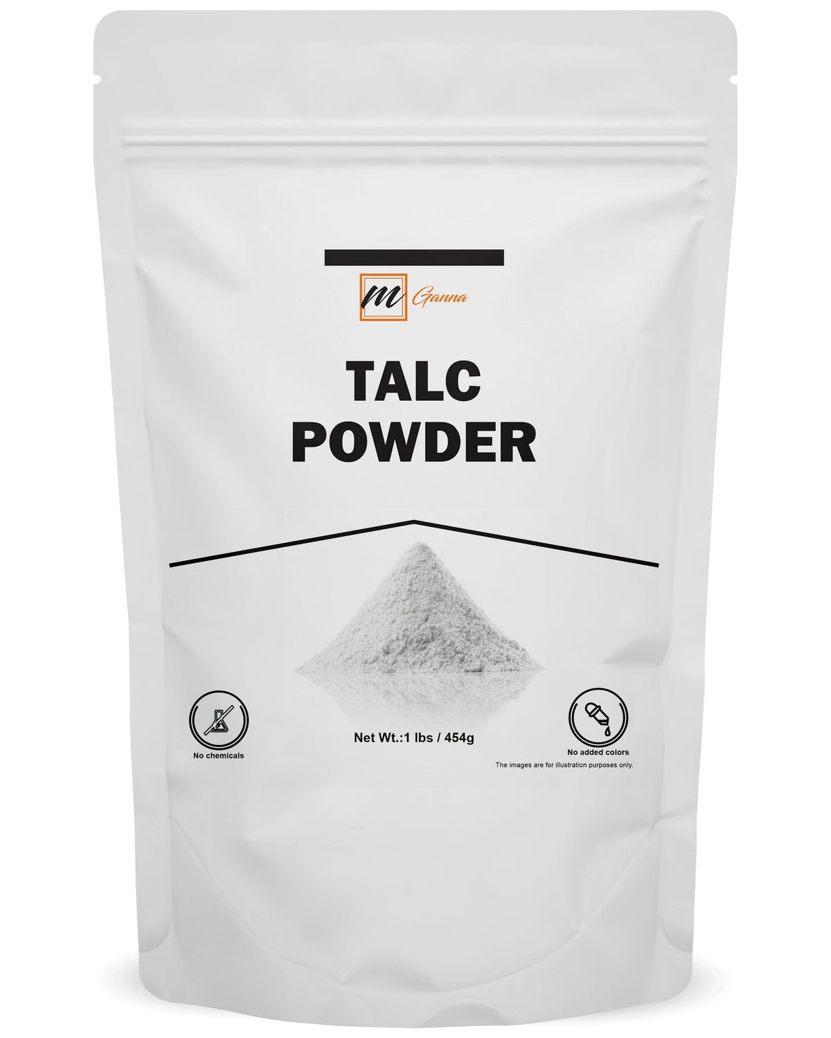 mGanna front packaging image showing 1 lb talc for clear product ID and convenience