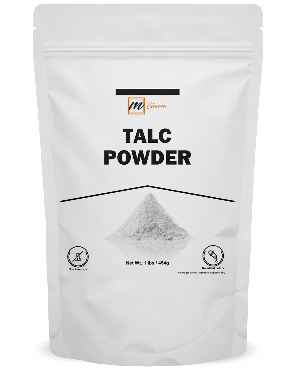 mGanna front packaging image showing 1 lb talc for clear product ID and convenience