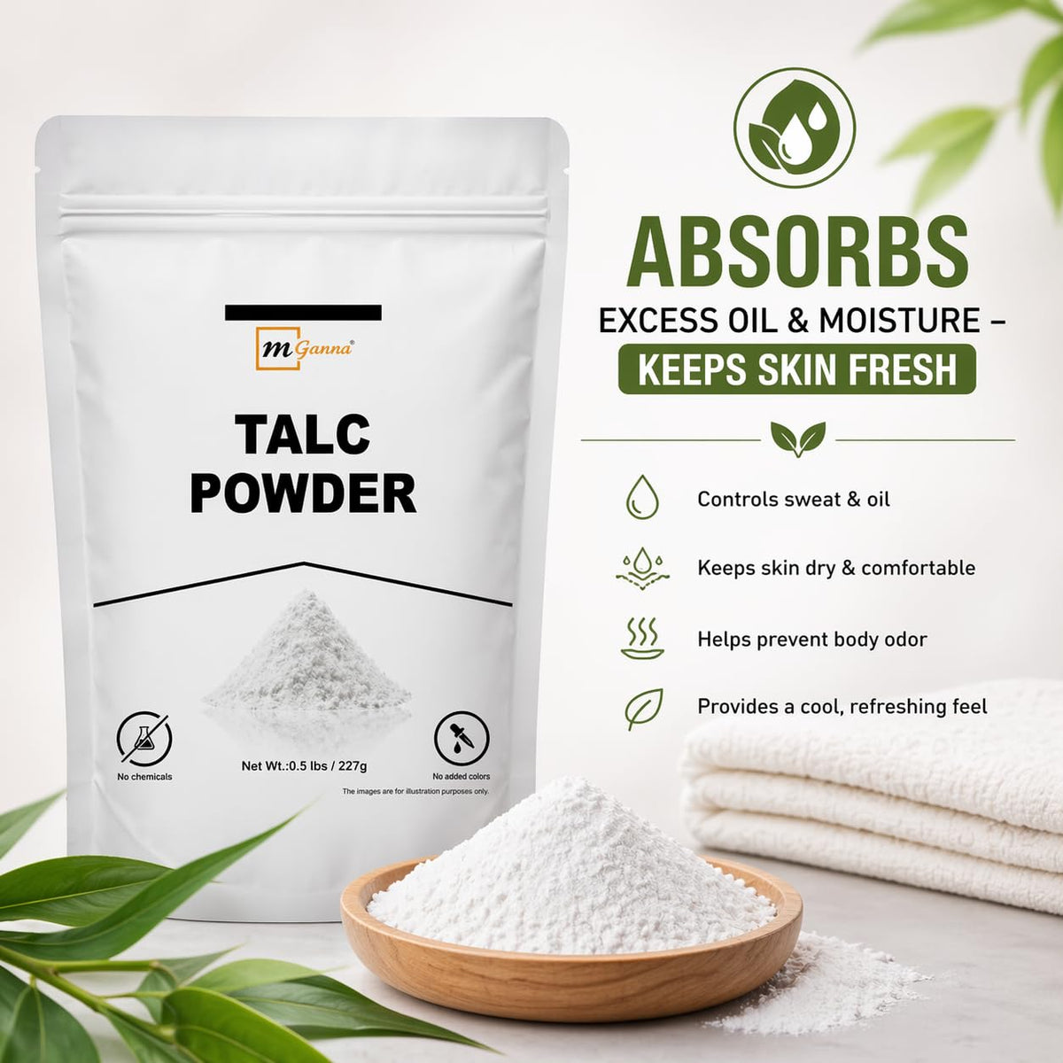 mGanna talc in hand displaying scale and lightweight feel for easy dosing