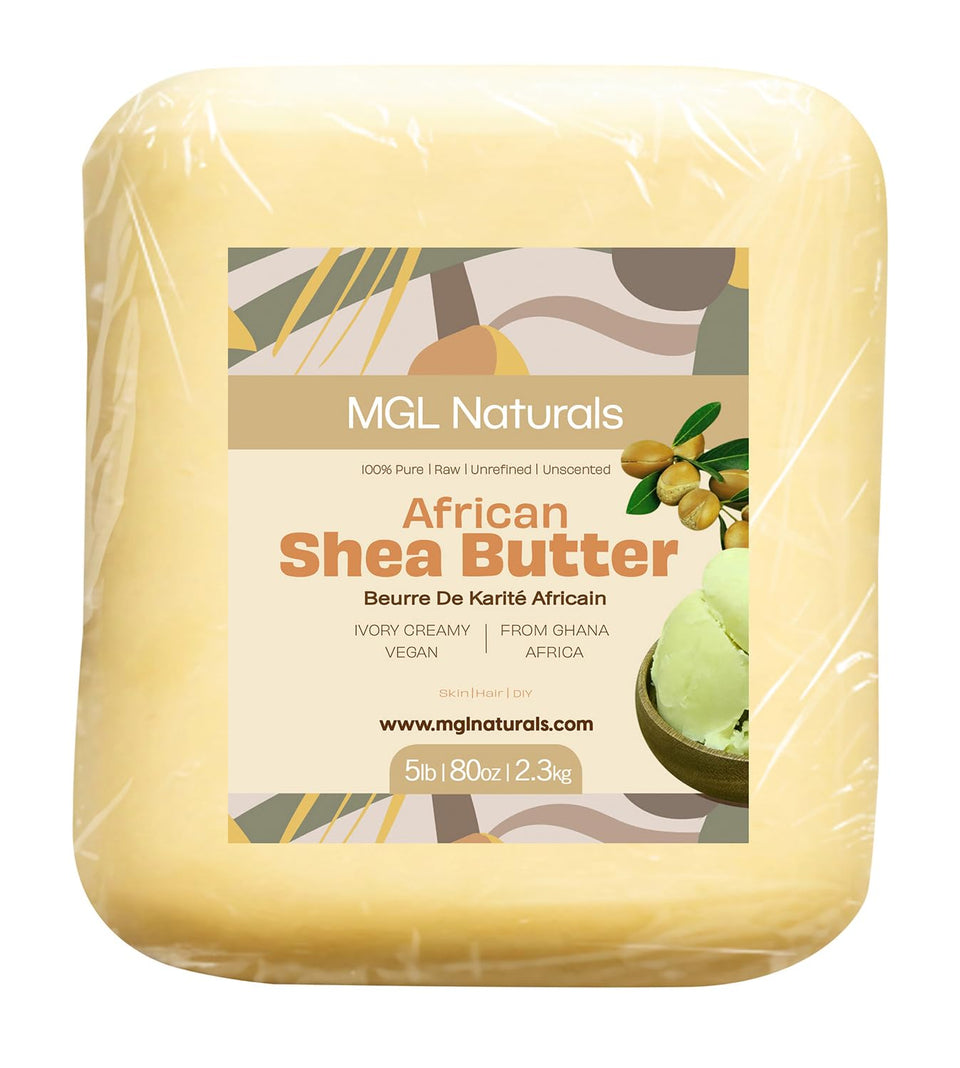 MGL Naturals front tub view showing packaging and pure shea butter benefits