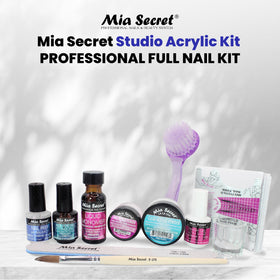 Mia Secret acrylic powders and monomer displayed for color and compatibility