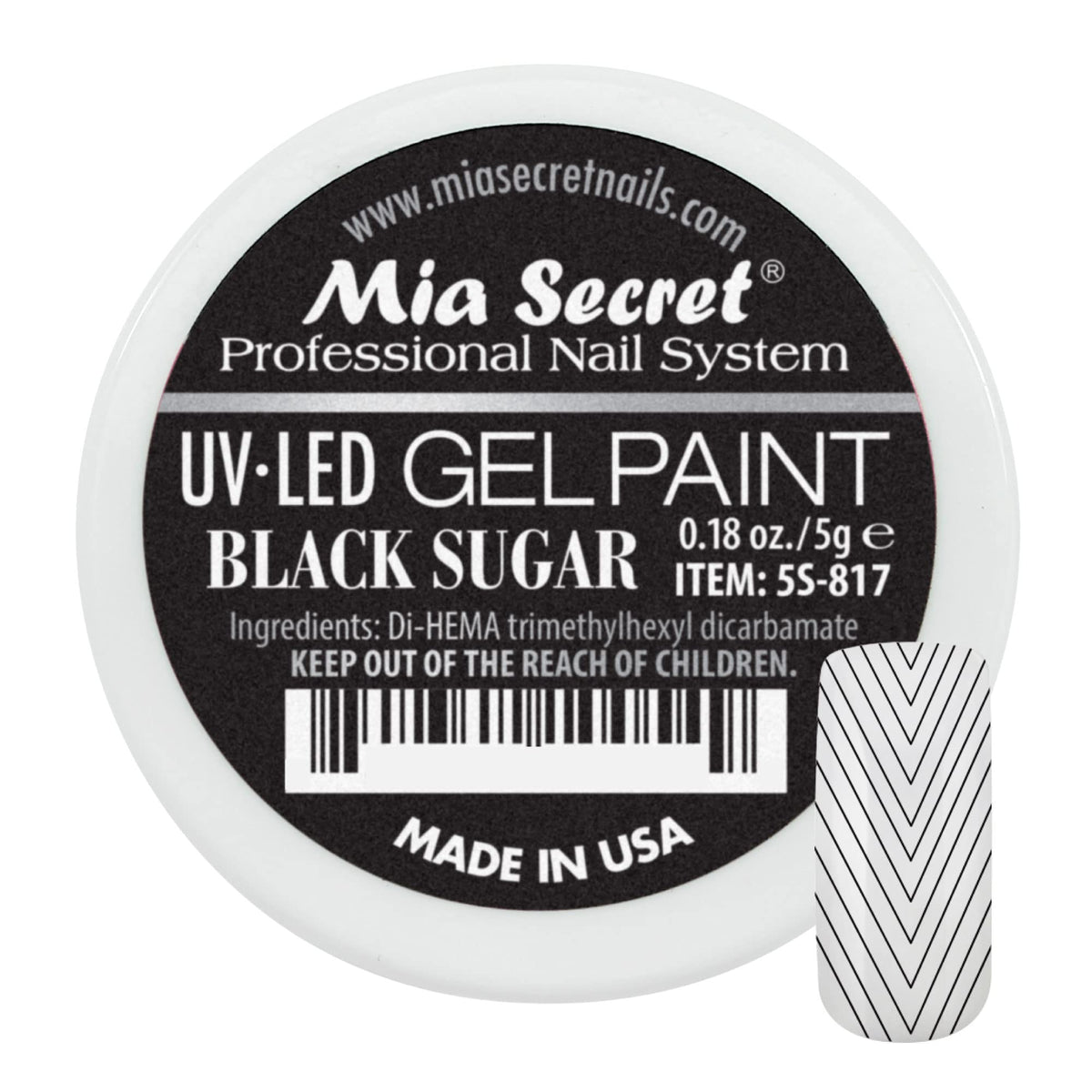 Mia Secret front pot showing Black Sugar gel paint and product details benefit precise art