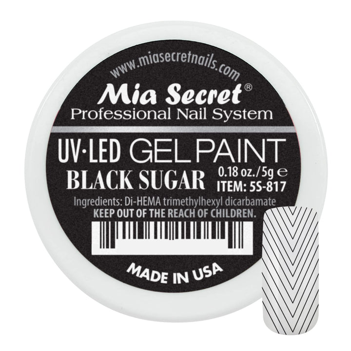 Mia Secret front pot showing Black Sugar gel paint and product details benefit precise art