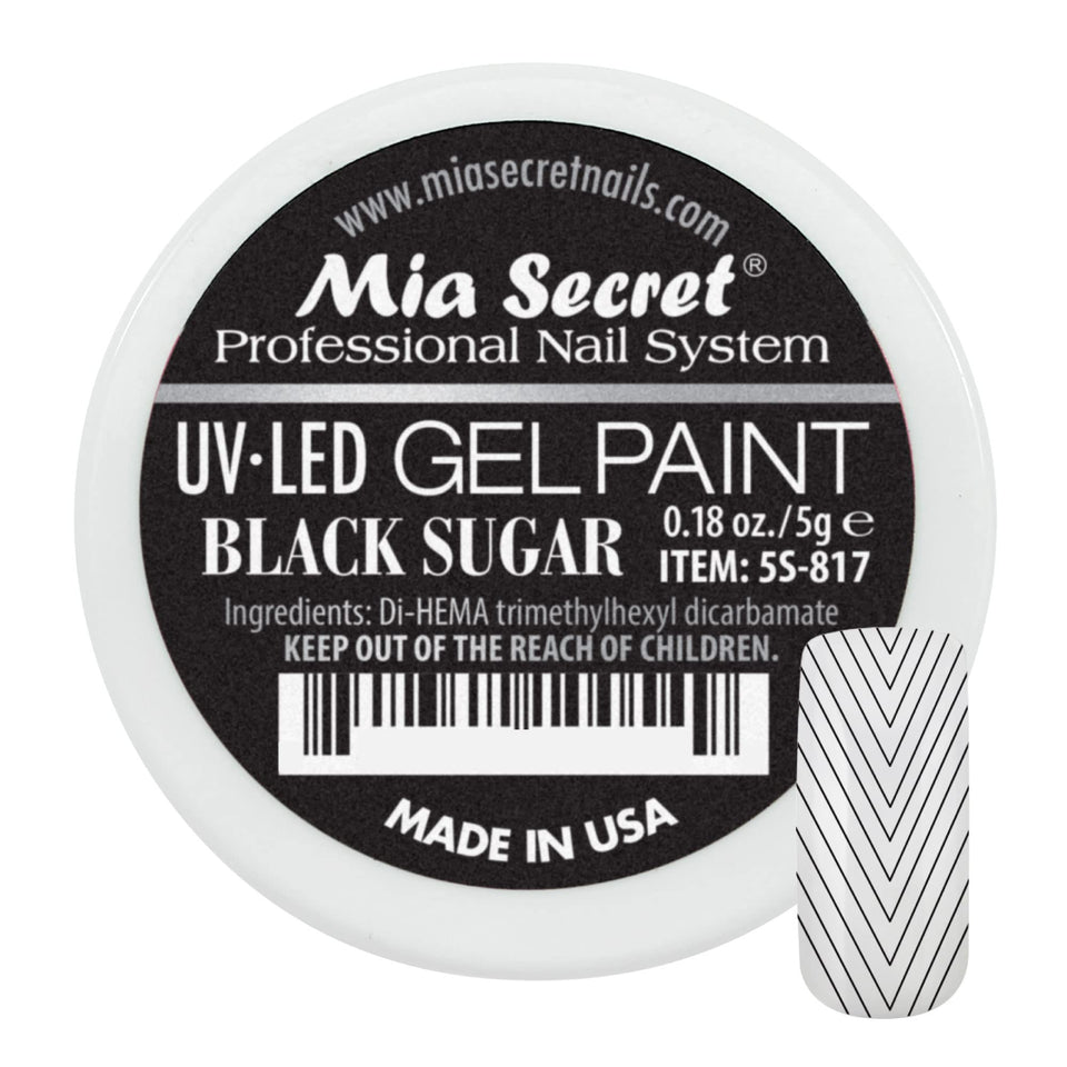 Mia Secret front pot showing Black Sugar gel paint and product details benefit precise art