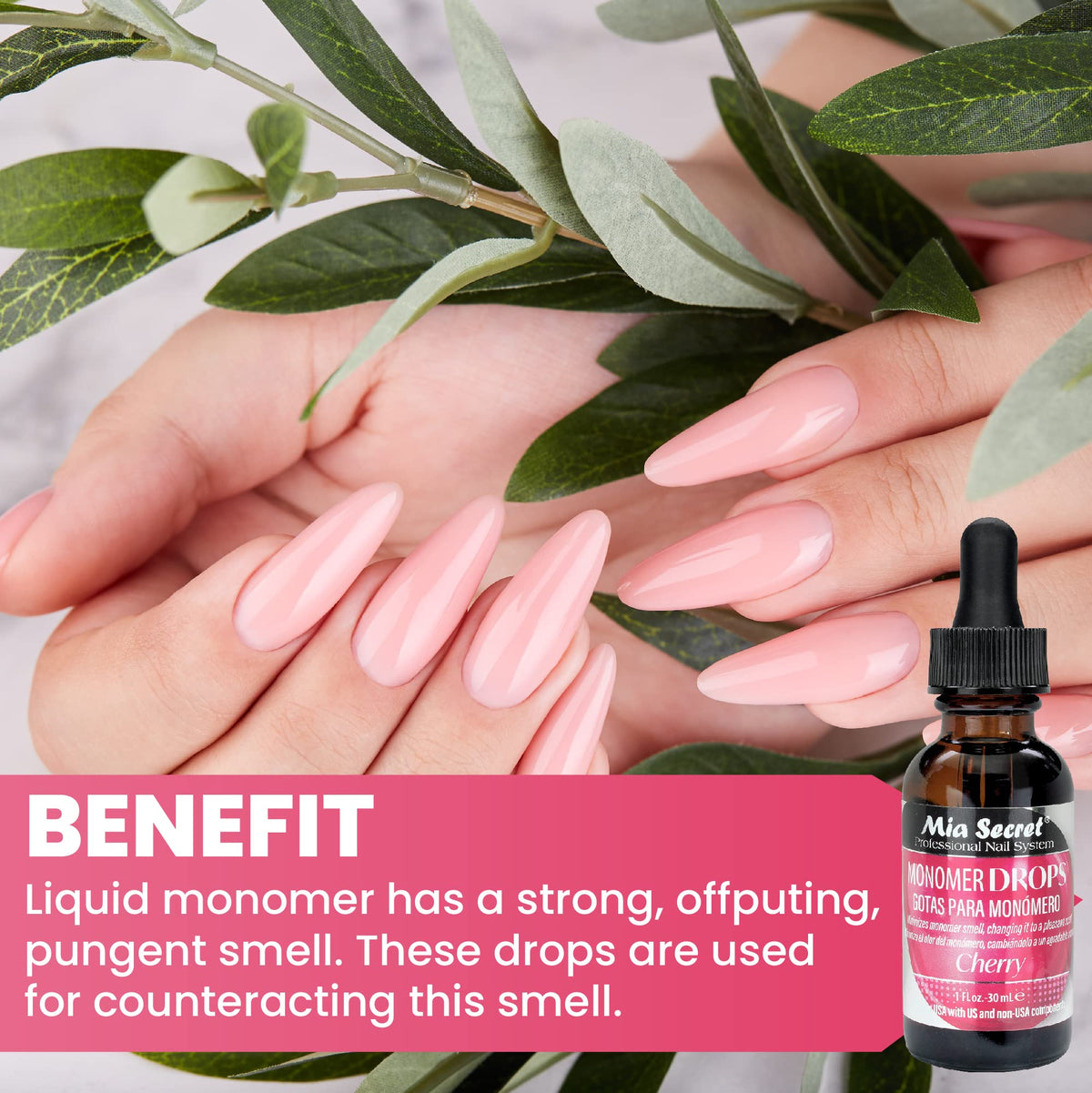 Mia Secret drops falling into a dappen dish with monomer to neutralize acrylic odor quickly