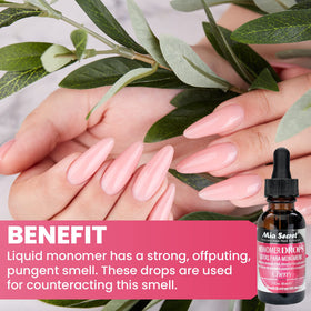 Mia Secret drops falling into a dappen dish with monomer to neutralize acrylic odor quickly